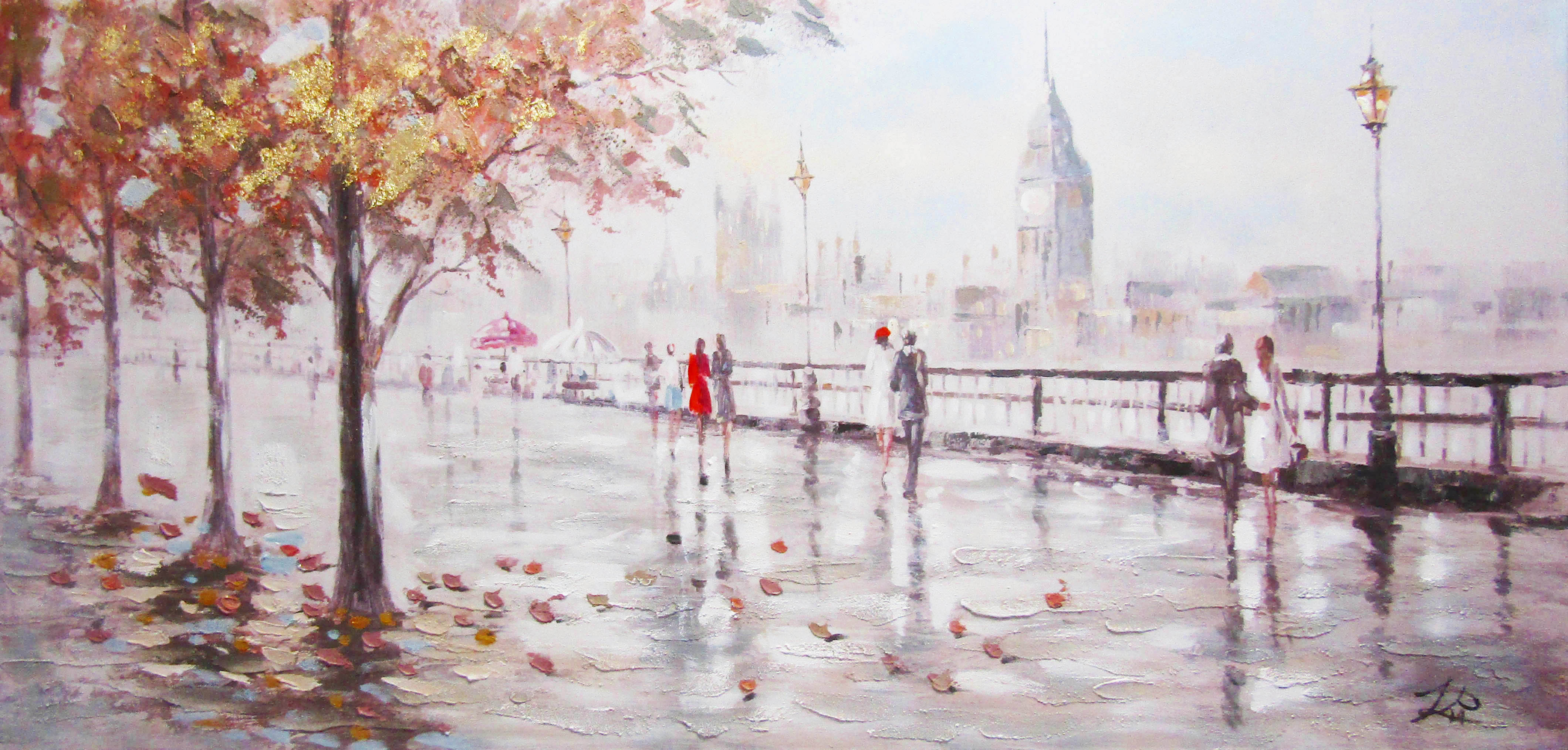 PXYW677 Wall décor art oil on canvas streetscene London red brown tones